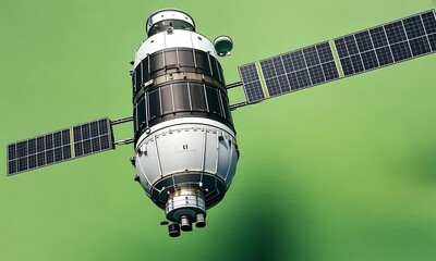 Wall Mural - space satellite orbiting against green background with ai generated.