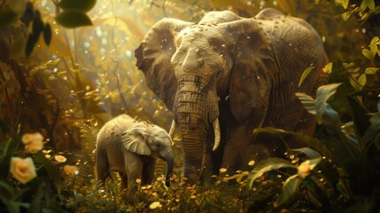 Aufkleber - A mother elephant gently guides her baby through a lush forest, surrounded by warm sunlight and blooming flowers. Generative AI