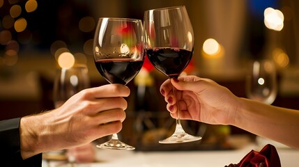 Two hands clinking wine glasses filled with red wine against a romantic candlelit background.