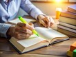© kittipon - Intently focused hand holds a highlighter, meticulously marking important text in an open book on a cluttered desk, surrounded by scattered papers and study materials.