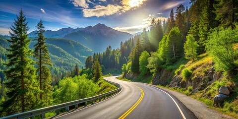 Wall Mural - Scenic mountain road winding through a lush forest under a clear sky, mountain road, hill road, sky, forest, winding