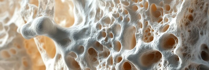 This image shows the porous structure of bone, highlighting osteoclasts role in tissue resorption, essential for recycling and forming new bone cells, thereby maintaining bone health