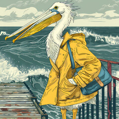 Sticker - Pelicans in fisherman yellow jacket