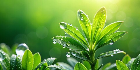 Wall Mural - Green plant with dew drops , nature, freshness, morning, sunlight, garden, dewy, lush, vibrant, close-up, botanical, flora