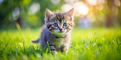 Adorable kitten playing in green garden grass , cute, fluffy, pet, feline, animal, adorable, playful, garden, outdoor, nature