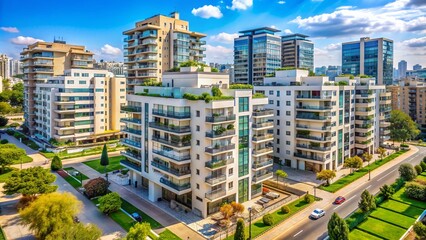 Contemporary residential complex featuring a sleek new apartment building in a bustling Israeli city, set against a backdrop of modern office buildings and urban scenery.