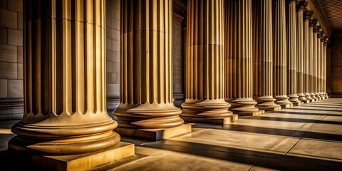 Sticker - Detail shot of a building's columns casting intricate shadows with dramatic lighting , Architecture, details, shadows, shade