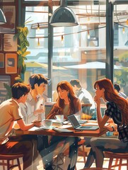 Aufkleber - A group of young entrepreneurs share ideas and work on laptops while enjoying coffee in a vibrant, trendy cafe filled with natural light. Generative AI