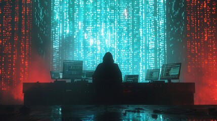 Leinwandbilder - A hacker in a hoodie focuses on multiple screens illuminated with cascading, colorful code in a dimly lit environment. Generative AI