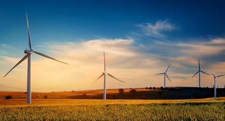 modern windmills electricity, power and energy production technology installed in the fields at suns