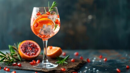 Sticker - Refreshing gin cocktail with aromatic garnishes in chilled glass on rustic table Ample room for text