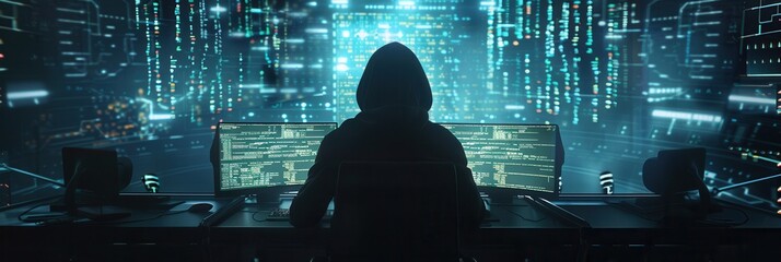 Leinwandbilder - A silhouette of a hacker in a hoodie is focused on a computer, surrounded by screens filled with matrix-like green code. Generative AI