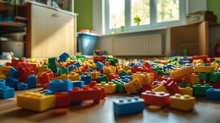 Poster - Colorful Plastic Blocks Scattered on Wooden Floor