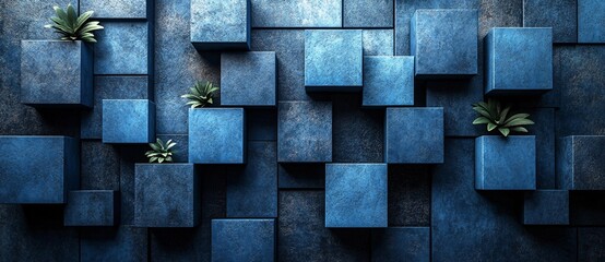 Wall Mural - 3d render blue wooden cubes block texture abstract background