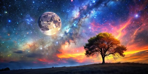 Wall Mural - Dramatic starry night sky with moon, colorful nebula and galaxies glowing above tree with setting sun, starry night, moon