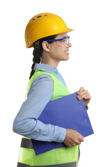 Sticker - Engineer in hard hat with clipboard on white background