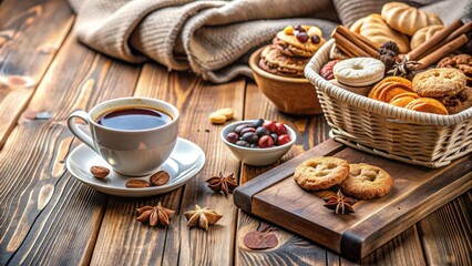 Wall Mural - Coffee time with delicious snacks on a cozy table , coffee, snack, pastry, dessert, cozy, table, delicious, gourmet, treat