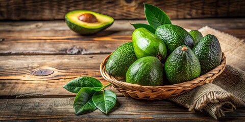 Wall Mural - Freshly picked avocados displayed on a rustic wooden table, avocados, fresh, ripe, healthy, organic, natural, green