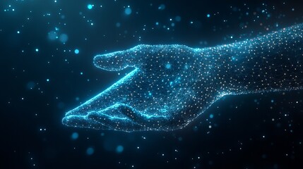 Touch the future low poly wireframe. Futuristic concept. With dark blue background. Low poly wireframe with lines, dots and glowing particles