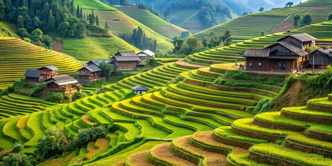 Sticker - Lush terraced rice fields in a mountainous village with traditional houses , terraced, rice fields, mountainous, village