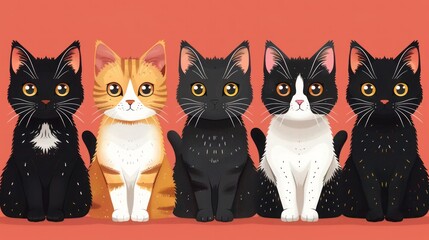 Naklejka na meble Cute Black and White Cat Silhouette Icon Set with Pink Blush Cheeks and Funny Expressions on Baby Background - Pet Collection in Flat Design