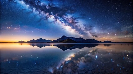 Wall Mural - Nighttime salt flat landscape with reflective water, silhouetted mountains, and starry sky, serene