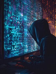 Leinwandbilder - A hacker in a hoodie focuses intensely on a computer, with a large screen glowing with matrix-like code in a dark setting. Generative AI