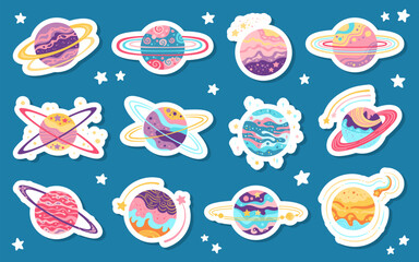 Wall Mural - Fantasy planets children stickers for diary design. Abstract galaxy planets cartoon badge set. Fantastic cosmos celestial space spheres planet for scrapbook handicrafts. Vector isolated illustration