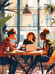 Poster - A group of young entrepreneurs brainstorms together, surrounded by laptops, notebooks, and coffee cups in a vibrant cafe setting. Generative AI