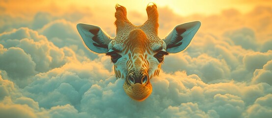 Animal photography, portrait funny giraffe over blue sky with white clouds