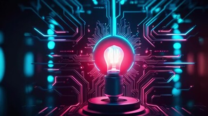 Poster - A glowing light bulb sits on a platform surrounded by a futuristic circuit board, creating a surreal and colorful scene.