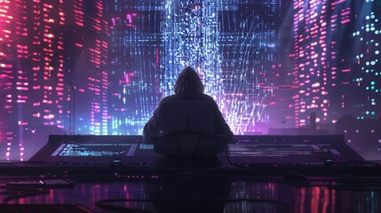 Leinwandbilder - A silhouette of a hoodie-clad hacker works intently on a computer displaying vibrant, flowing code against a dark backdrop. Generative AI