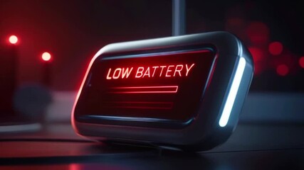 Canvas Print - A close-up of a futuristic device displaying a low battery warning in red neon lights.