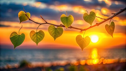 Wall Mural - Heart shaped leaves on a tree branch against a sunset backdrop, sunset, tree branch, nature, heart shaped, leaves, romantic