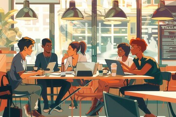 Poster - Young entrepreneurs engage in discussion while working on laptops, surrounded by coffee cups and notebooks in a vibrant cafe. Generative AI