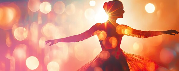 A graceful dancer highlights movement and elegance amid a colorful, dreamy backdrop, capturing the essence of art in motion.