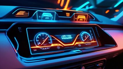 Canvas Print - Modern car dashboard with glowing blue and red lights and futuristic design elements.