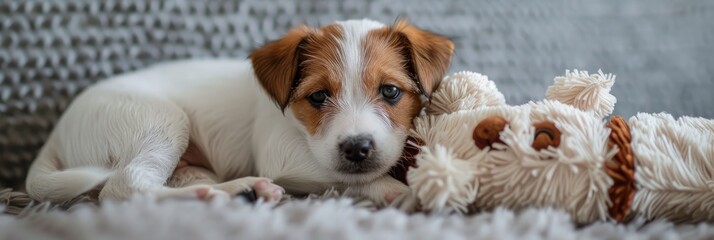 Sticker - Small Jack Russell terrier puppy lounging on a soft toy