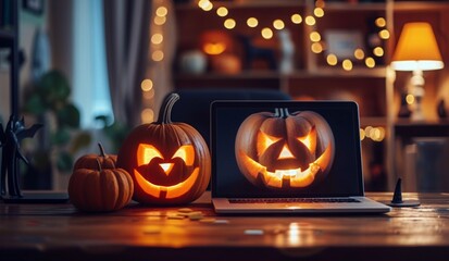 Laptop with blank screen and cute pumpkin. Mock up promotion offer ads for thanksgiving oor Halloween. Template for  ads digital online shopping.  promo fall sale, promotion offer ads,