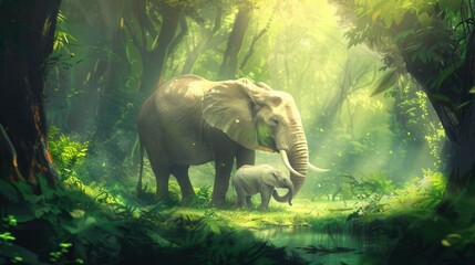 Aufkleber - A mother elephant and her adorable calf roam through a lush jungle, bathed in soft morning light and surrounded by green foliage. Generative AI