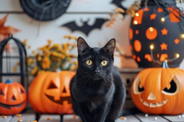 Wall Mural - Black cat with yellow eyes in front of Halloween pumpkins and decorations.