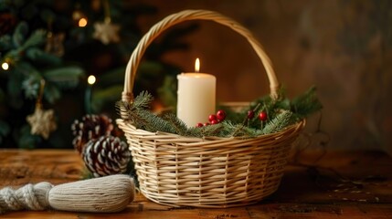 Canvas Print - Festive Christmas Decor with Wicker Basket and Candle on Wooden Table