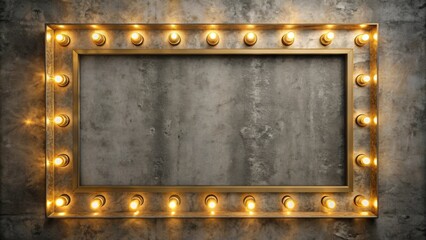 Wall Mural - Golden frame with illuminated light bulbs set against a concrete background, golden, frame, light bulbs, rendering