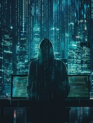 Leinwandbilder - A hooded figure types on a computer while illuminated by green code cascading down a large screen in a vibrant urban setting. Generative AI