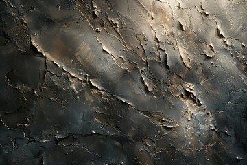 Wall Mural - A close-up shot of a weathered and cracked black surface, illuminated by a beam of light.