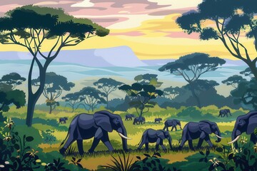 A large group of elephants roams freely across lush grassland under a vibrant sunset sky, surrounded by trees and distant hills. Generative AI