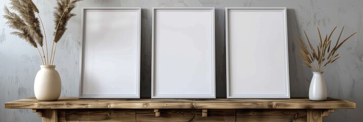 Canvas Print - Three blank white frame mockups next to a wooden surface