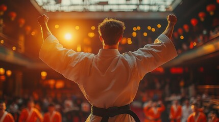 Martial Artist Celebrating Victory in Traditional Dojo with Sunlight Streaming Through Windows, Capturing the Spirit of Triumph and Discipline in a Vibrant, Energetic Atmosphere