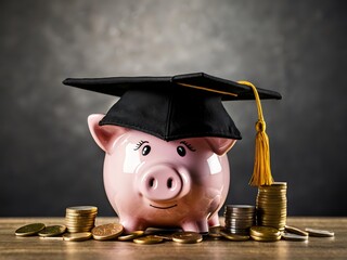 Piggy bank with coins and black graduation cap as a symbol of education loan