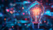 © aun - A close-up of a light bulb with intricate, bright digital patterns inside, symbolizing a high-tech idea generation process
